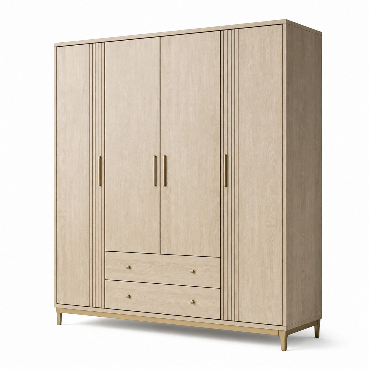 Armoire en bois clair à trois portes avec deux tiroirs