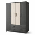 Armoire en bois avec 3 portes et 2 tiroirs, noir et chêne, 180x120x50 cm