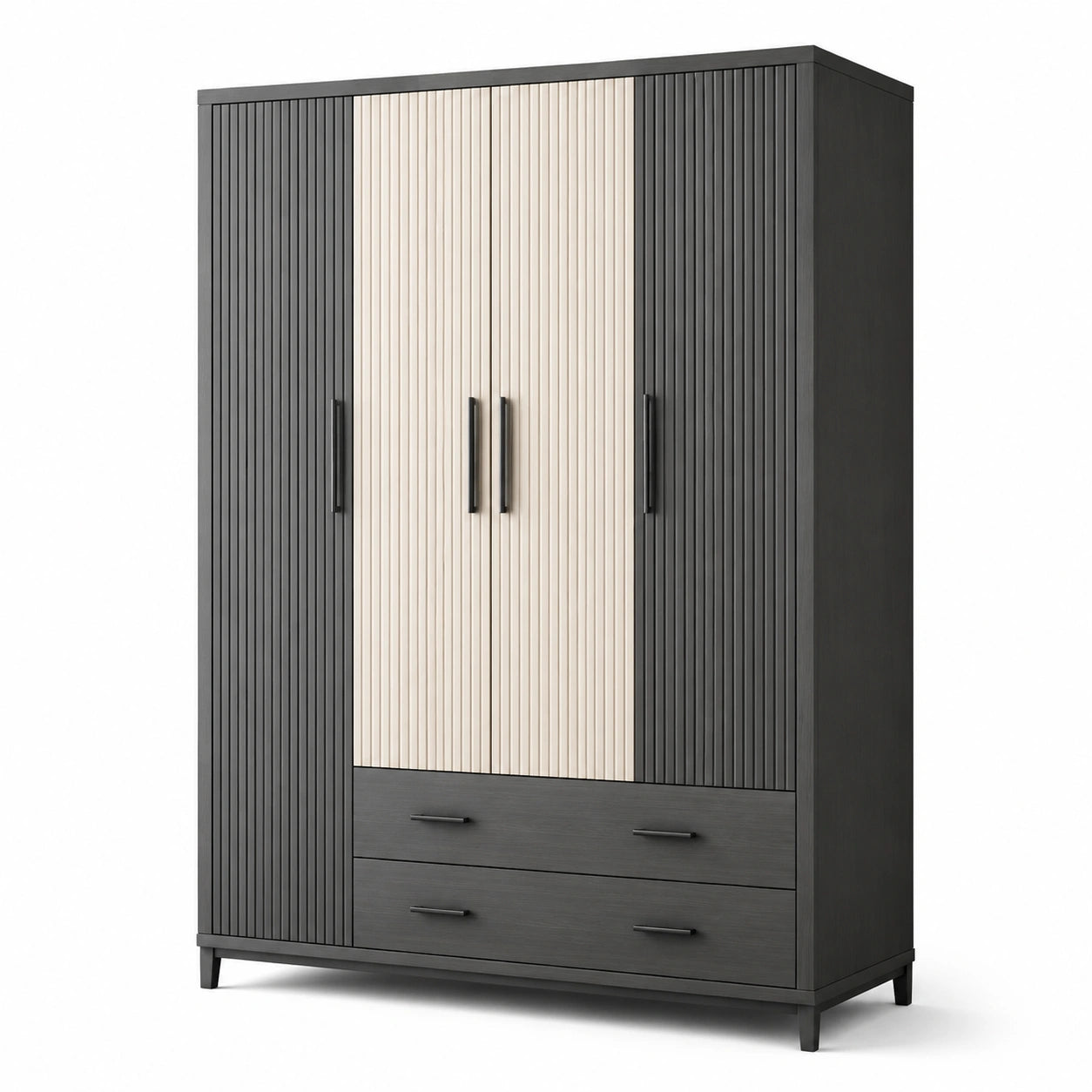 Armoire en bois avec 3 portes et 2 tiroirs, noir et chêne, 180x120x50 cm