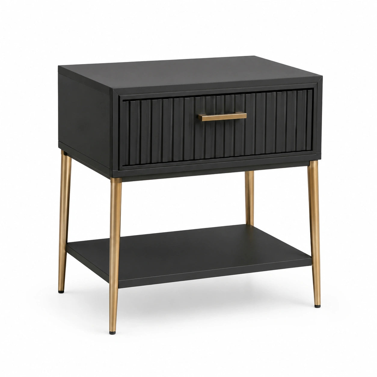 Table de chevet noire en bois et métal avec pieds dorés