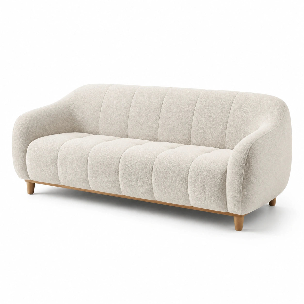 Canapé 3 places en tissu bouclé beige avec pieds en bois