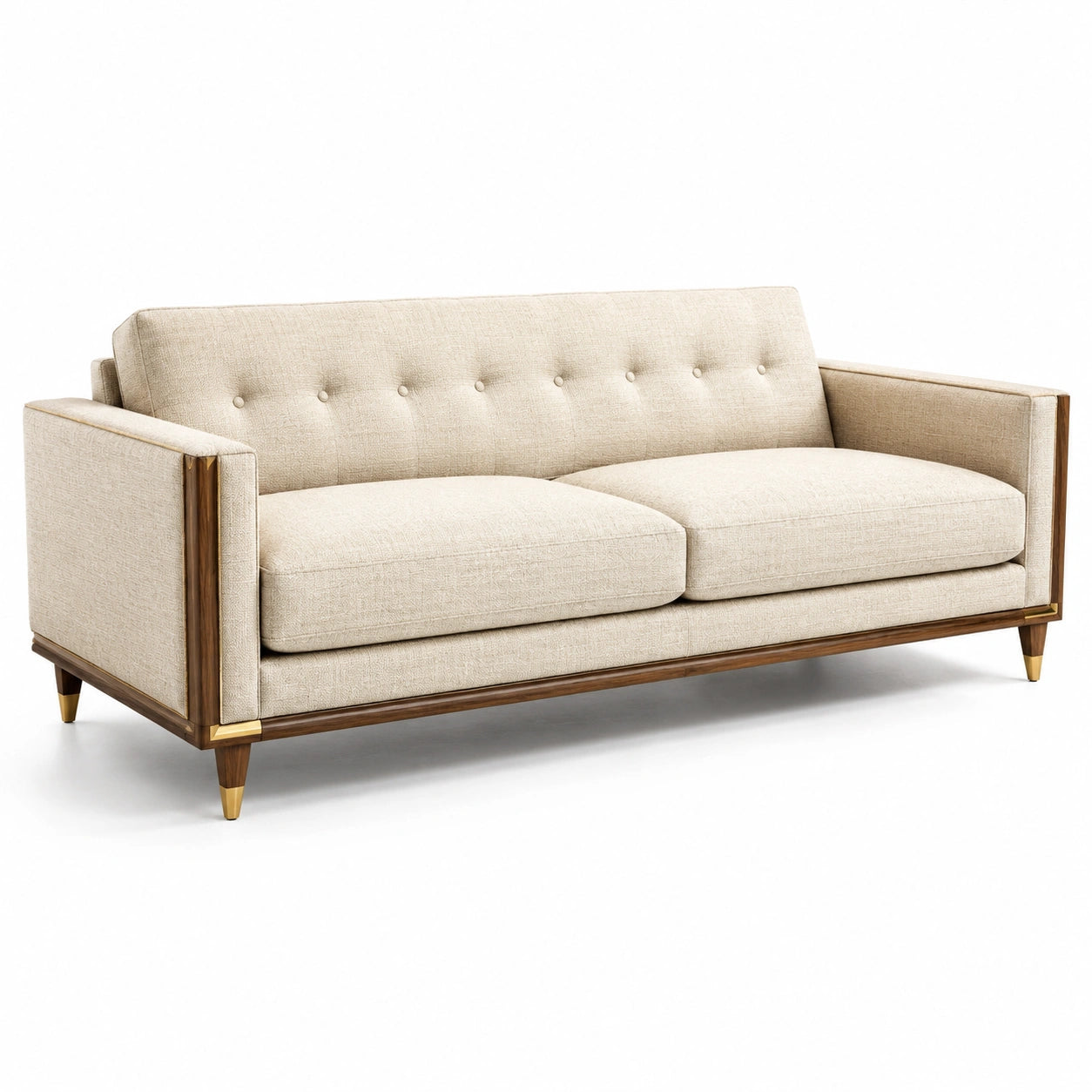 Canapé 3 places en tissu beige et bois