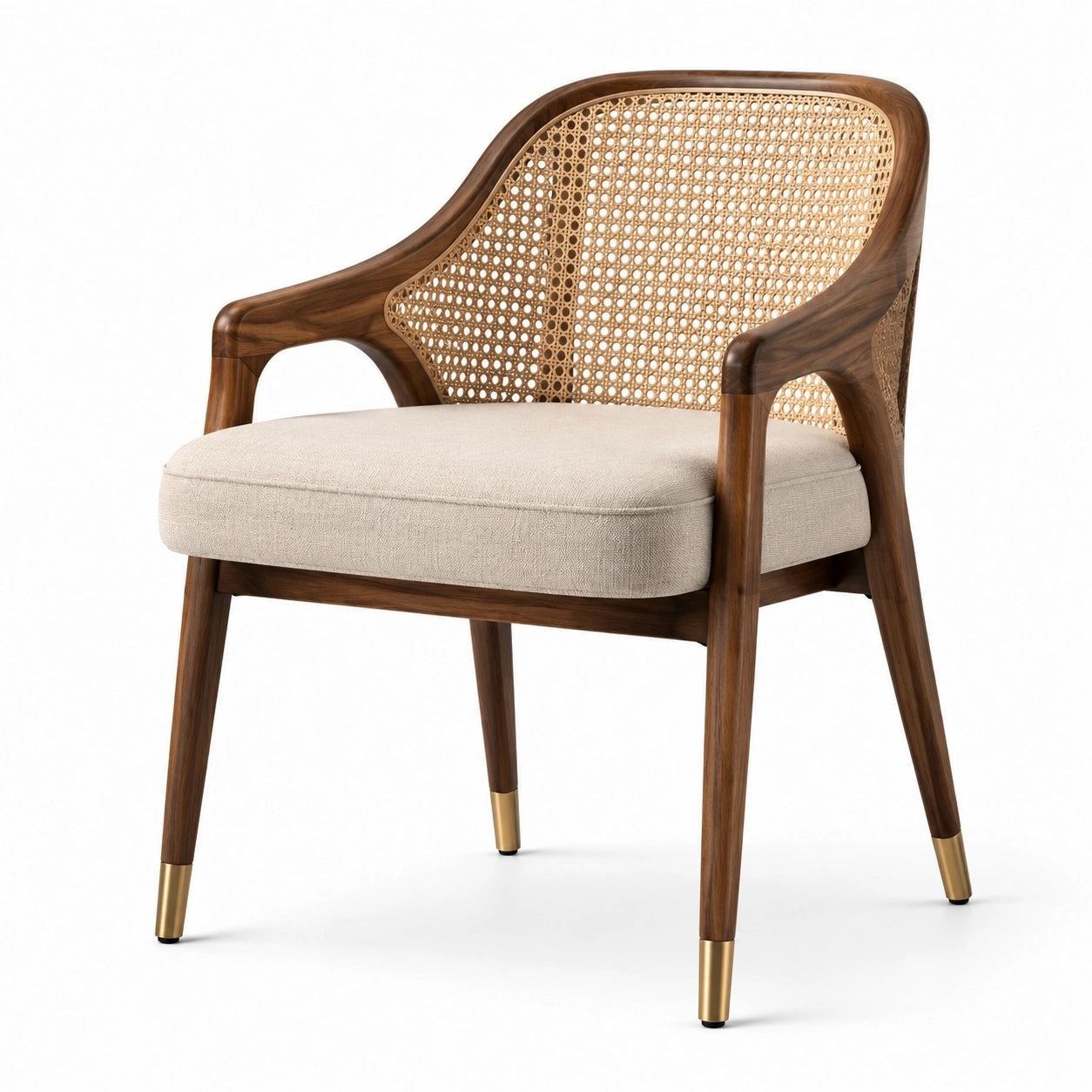 Chaise en bois de noyer avec dossier en rotin et coussin beige