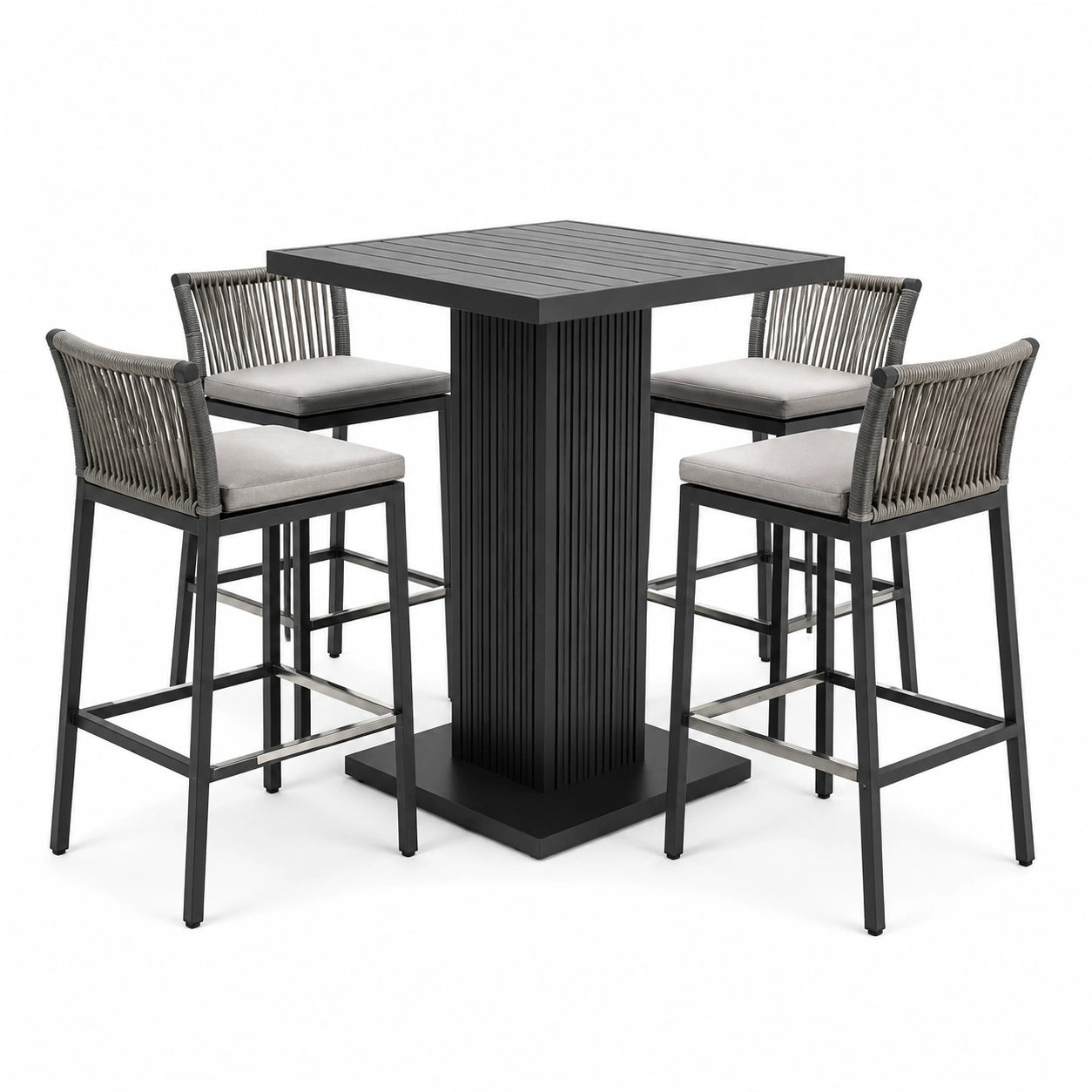 Ensemble table haute carrée en métal noir et tabourets avec corde tressée