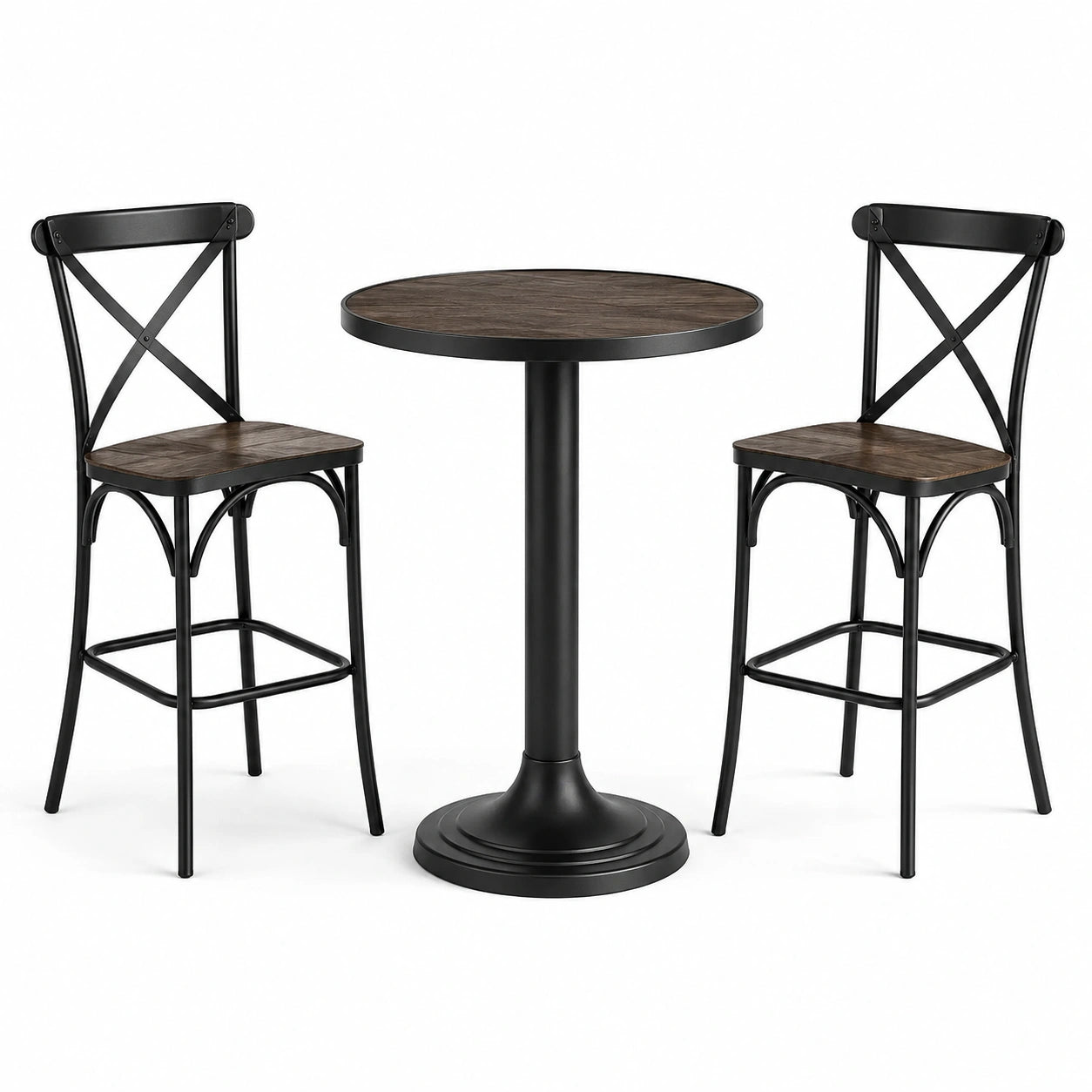 Ensemble table haute ronde et tabourets en bois de manguier et acier noir/marron
