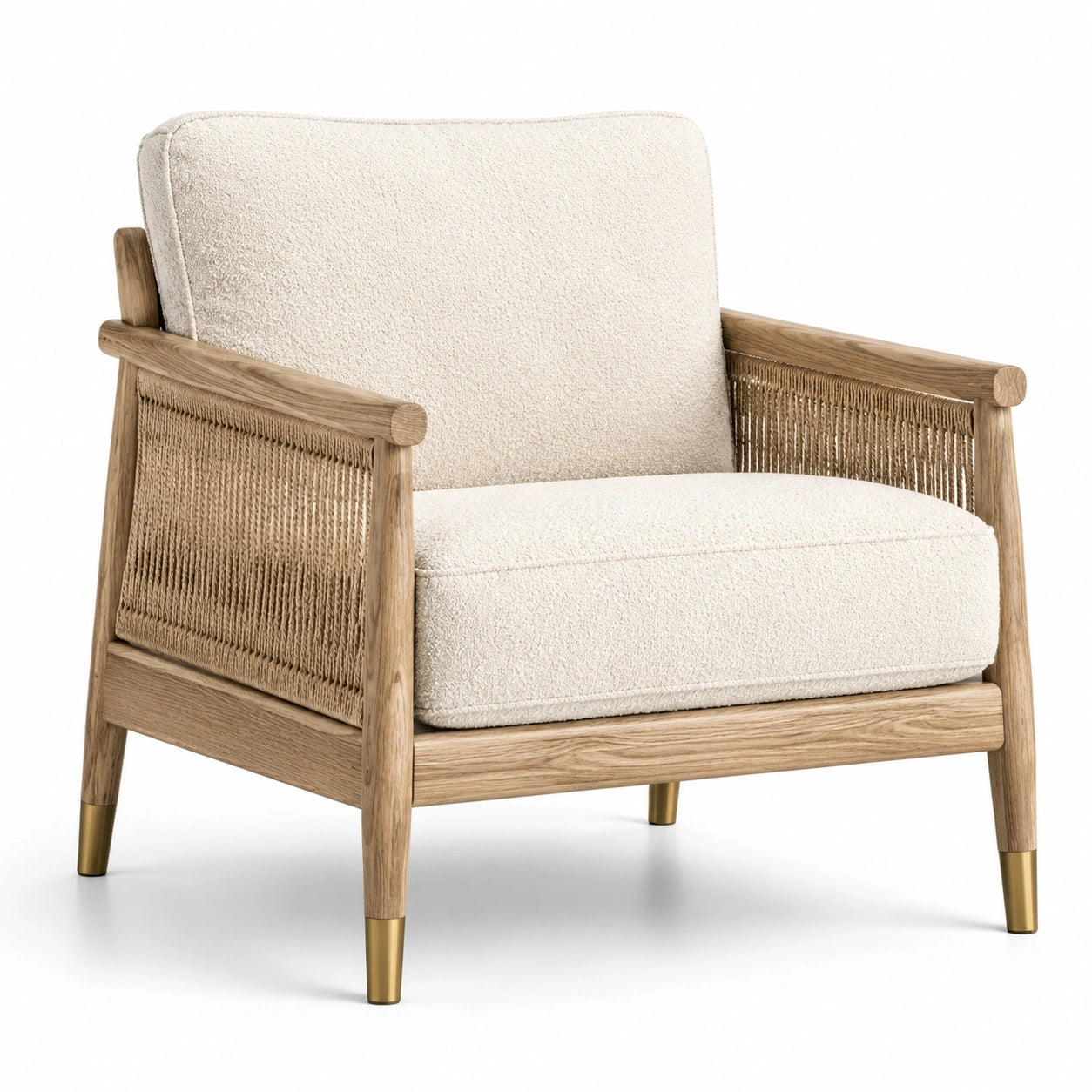 Fauteuil en bois de chêne avec tissu bouclé écru