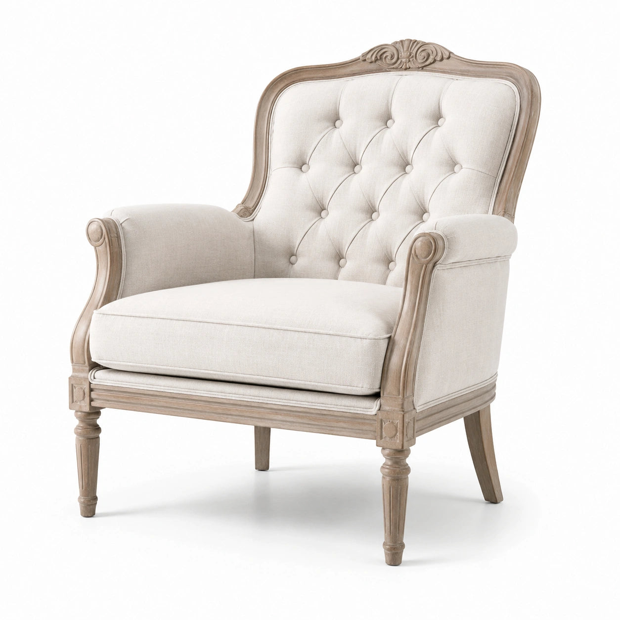 Fauteuil en lin beige avec structure en bois de chêne