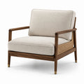 Fauteuil en tissu lin avec structure en bois et dossier en rotin