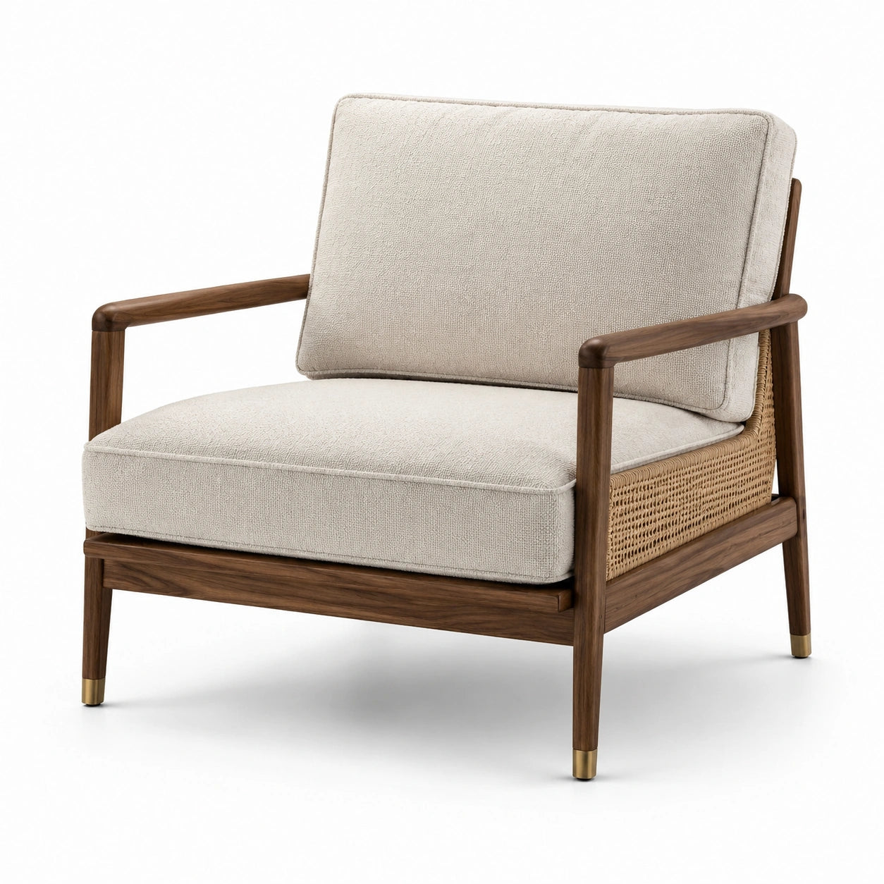Fauteuil en tissu lin avec structure en bois et dossier en rotin