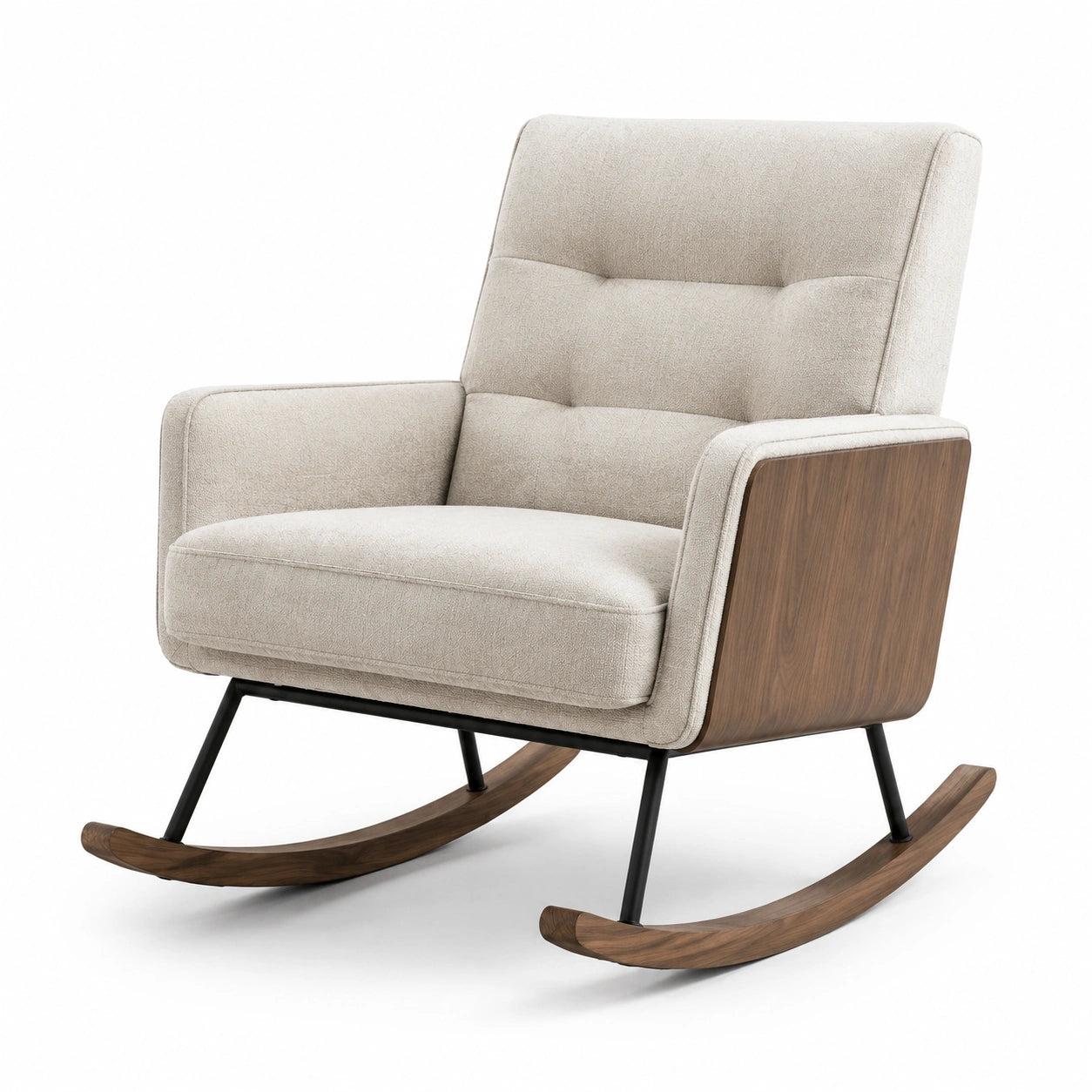 Fauteuil à bascule en tissu polyester beige et placage de noyer