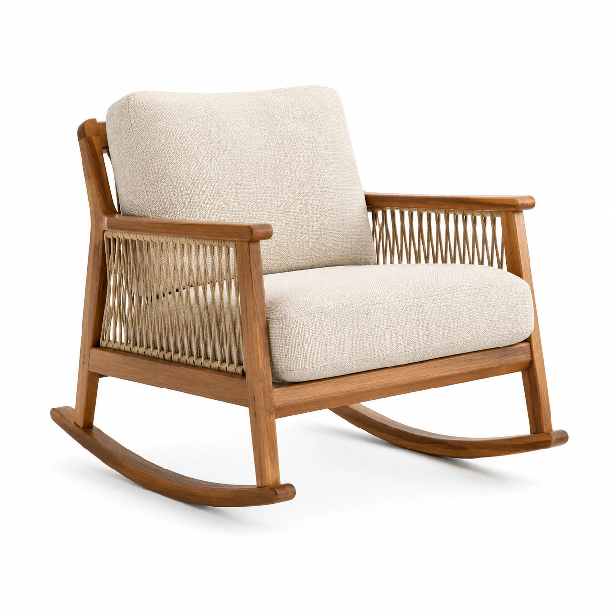Fauteuil à bascule en bois massif avec coussins en lin beige