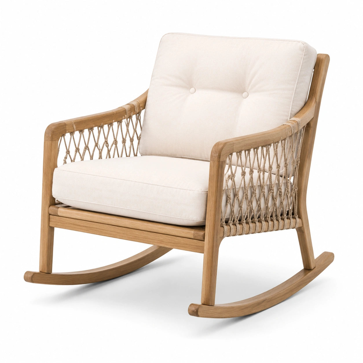Fauteuil à bascule en chêne et corde de polyéthylène avec coussin beige
