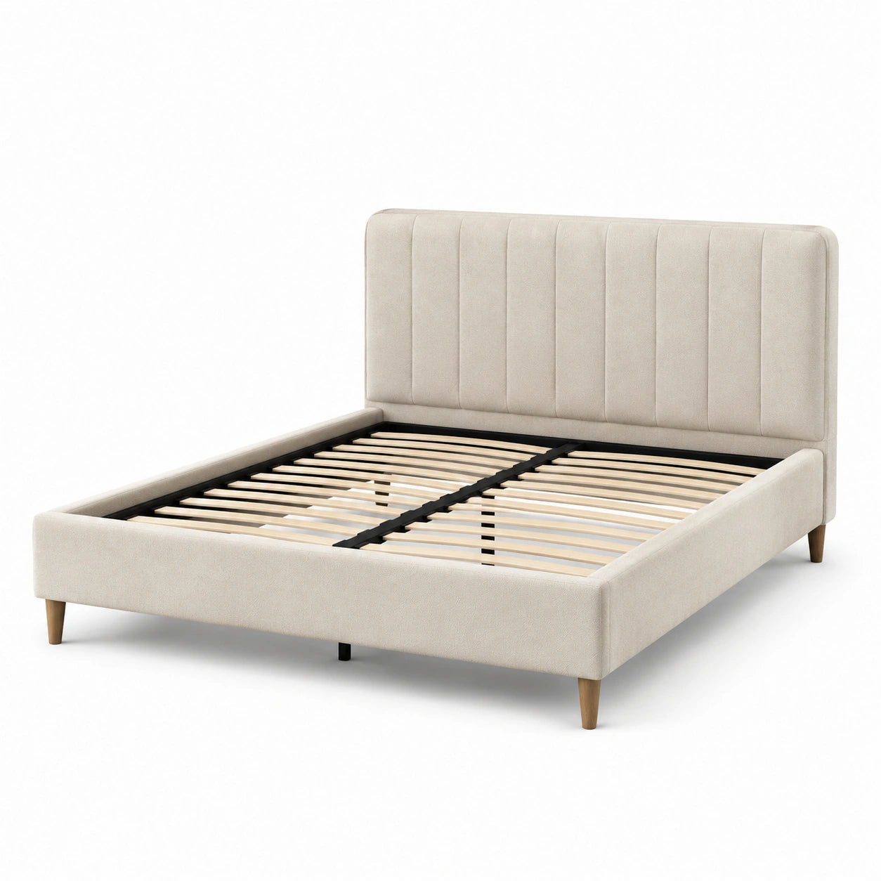 Lit double en bois avec tête de lit en tissu polyester beige 200x160 cm